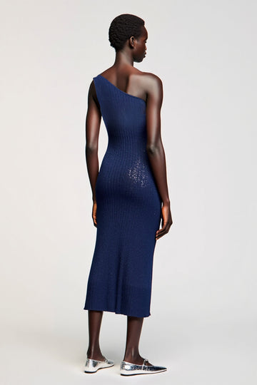 Dark Blue One Shoulder Jersey Wedding Guest Dress